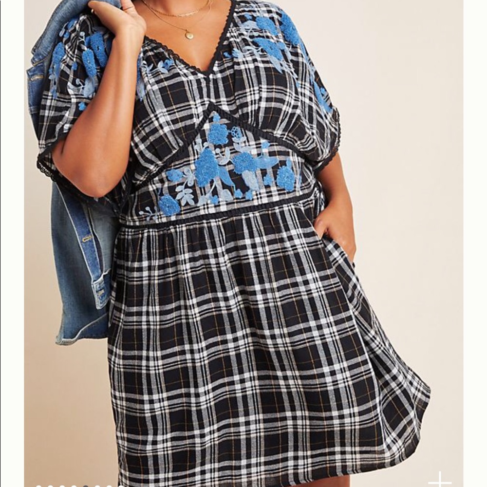 New Anthropologie boho Gingham Dress w embroidery